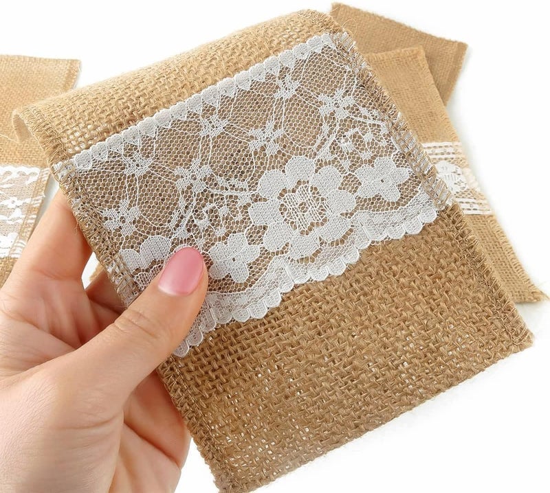 OZXCHIXU TM 100 Pack Natural Burlap Cutlery Holder Pouch Bag 4x8.5 Inch with Lace Silverware Napkin Holders Wedding Party Bridal Shower Table Setting Table Decoration - Image 4